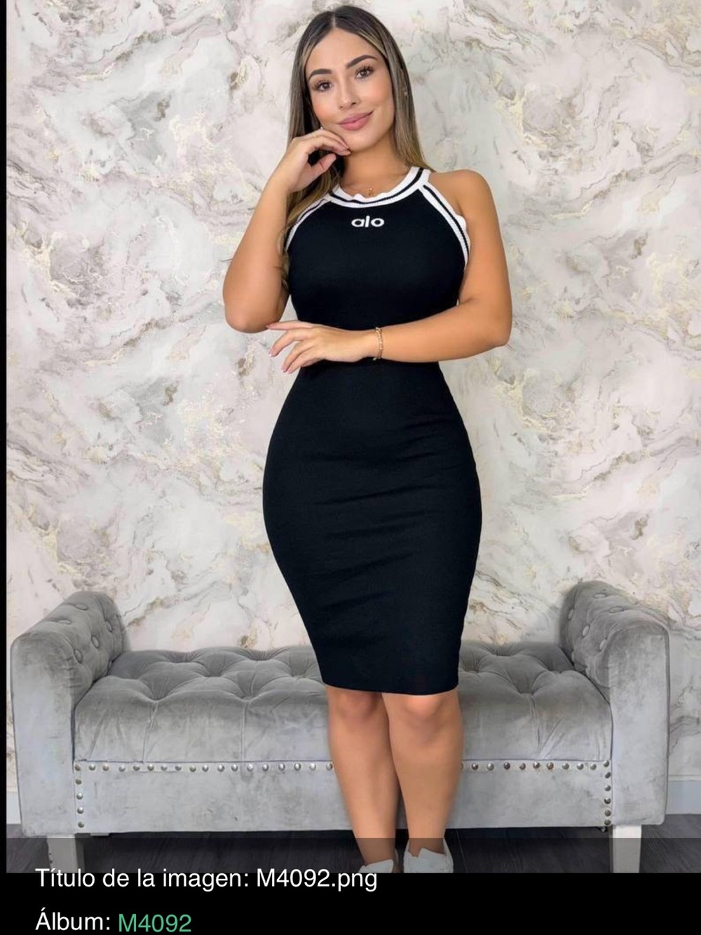 ALO Yoga Black Midi Bodycon Dress with White Trim